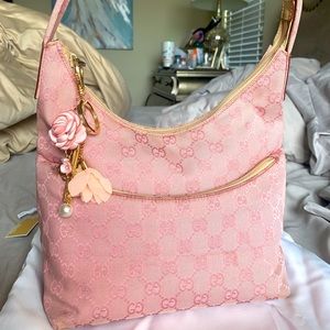 GUCCI- Authentic Vintage Pink Guccissima Monogram Purse with Tan Leather